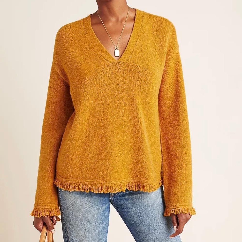 Anthropologie $120 Alpaca Blend Marigold V-Neck Fringe Knit Sweater Size Small